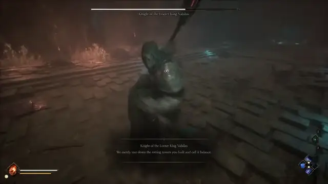 The Relic: First Guardian dodge-and-block combat timing against a Brutal (animated)
