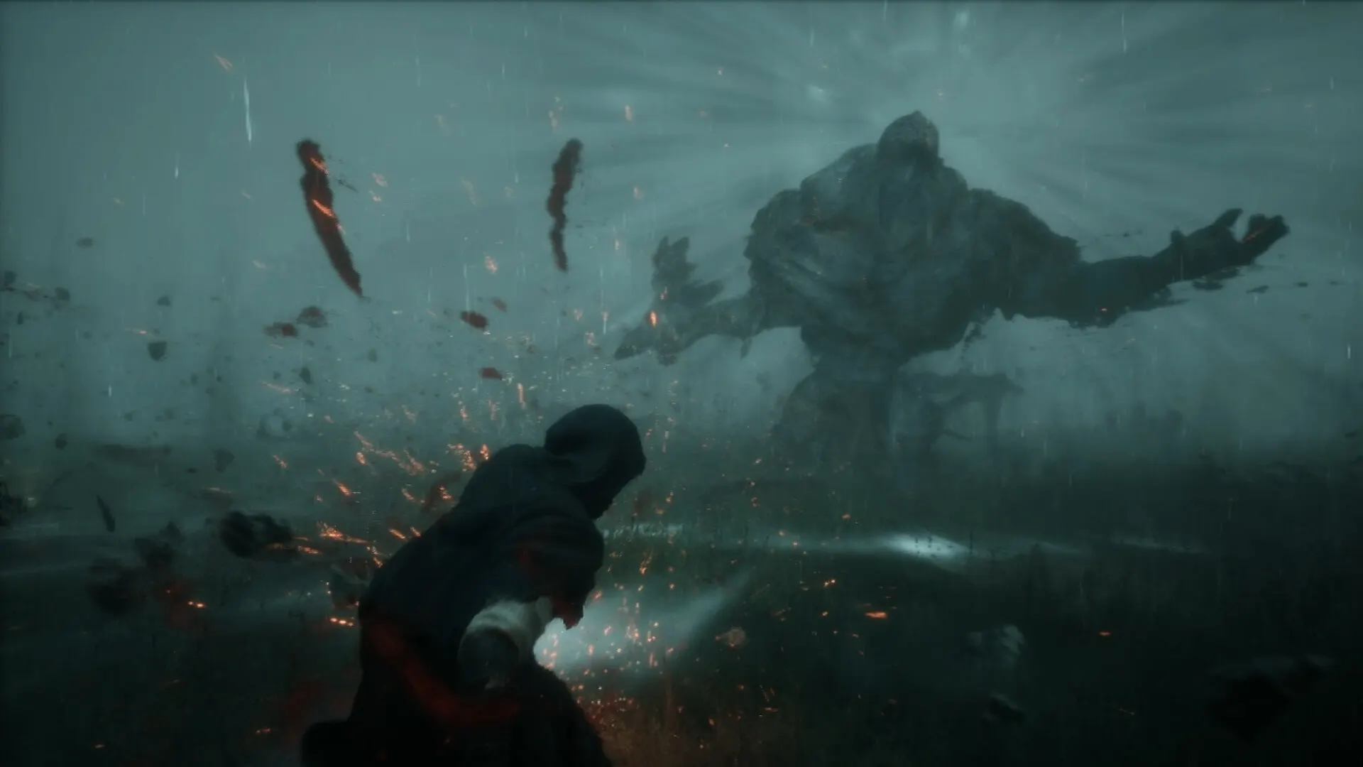The Relic: First Guardian close combat against a Brutal in a ruined courtyard